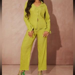 SHEIN Unity Button Front Lettuce Trim Top & Wide Leg Pants Set